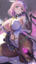 Rule 34 | 1girl, bare shoulders, black gloves, blush, breasts, character request, cleavage, clothing cutout, copyright request, covered erect nipples, curvy, demon girl, demon tail, demon wings, earrings, elbow gloves, eyeshadow, finger to mouth, fingerless gloves, gloves, glowing, green eyes, hand up, head tilt, highres, horns, indoors, jewelry, large breasts, long hair, looking at viewer, makeup, navel, navel cutout, ookuma nekosuke, parted lips, pink hair, pointy ears, solo, standing, tail, thick thighs, thighs, wings