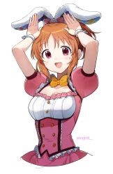 Rule 34 | 1girl, abe nana, animal ears, arms up, blush, bow, bowtie, breasts, brown hair, cleavage, collarbone, fake animal ears, highres, idolmaster, idolmaster cinderella girls, idolmaster cinderella girls starlight stage, large breasts, looking at viewer, open mouth, pink eyes, puffy short sleeves, puffy sleeves, rabbit ears, rabbit pose, short hair, short ponytail, short sleeves, smile, solo, songmil, twitter username, upper body, yellow bow, yellow bowtie