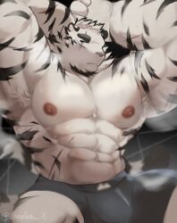 Rule 34 | 1boy, abs, animal ears, arknights, armpit hair, armpits, arms behind head, artist request, bara, boxers, facial hair, furry, furry male, goatee, grey male underwear, highres, large hands, large pectorals, male focus, male underwear, mountain (arknights), muscular, muscular male, nipples, pectorals, presenting armpit, scar, scar across eye, scar on arm, short hair, sitting, solo, steaming body, stomach, sweat, thick eyebrows, tiger boy, tiger ears, topless male, underwear, white hair