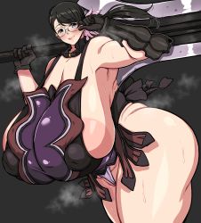 Rule 34 | 1girl, apron, areola slip, black gloves, black hair, blue eyes, boots, breasts, cattleya (queen&#039;s blade), covered erect nipples, covered navel, cowboy shot, flower, gigantic breasts, glasses, gloves, hair flower, hair ornament, highres, holding, holding sword, holding weapon, huge areolae, huge weapon, impossible clothes, komusou (jinrikisha), lips, low ponytail, mature female, muscular, muscular female, plump, ponytail, puffy nipples, queen&#039;s blade, sideboob, smile, solo, steaming body, sweat, sword, thick thighs, thighs, upper body, weapon, wide hips