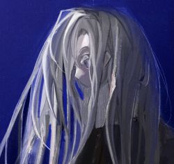 Rule 34 | 052 (saniiiwan), 1girl, black sweater, blue background, blue pupils, commentary, english commentary, grey eyes, long hair, no mouth, one eye closed, original, simple background, sweater, white hair