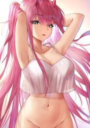 Rule 34 | 1girl, :p, absurdres, aqua eyes, armpits, arms up, bottomless, breasts, camisole, cleavage, darling in the franxx, groin, hair between eyes, highres, horns, huge filesize, large breasts, long hair, looking at viewer, lordol, navel, no panties, out-of-frame censoring, pink hair, see-through, see-through silhouette, simple background, sleeveless, solo, stomach, straight hair, tongue, tongue out, underwear, underwear only, very long hair, white background, zero two (darling in the franxx)