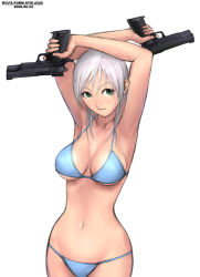 Rule 34 | 1girl, armpits, arms behind head, bikini, blue bikini, breasts, cleavage, curvy, dual wielding, green eyes, gun, handgun, hands on own hips, hip focus, holding, large breasts, m1911, pistol, ryu (ryu&#039;s form site), semi-automatic firearm, silver hair, simple background, solo, swimsuit, weapon, white background, wide hips