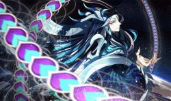 Rule 34 | black hair, fate/grand order, fate (series), feathers, fingernails, forehead jewel, long fingernails, long hair, makeup, male focus, multicolored hair, peacock feathers, red eyes, shawl, shi huang di (fate), smile, solo, two-tone hair, very long hair, white hair, zerocastle