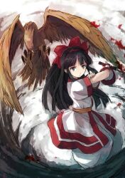 Rule 34 | 1girl, ainu clothes, black hair, blood, fighting stance, fingerless gloves, gloves, grabbing own arm, grey eyes, hair ribbon, highres, legs, long hair, looking at viewer, mamahaha, nakoruru, pants, ribbon, samurai spirits, serious, snk, solo, the king of fighters, thick thighs, thighs, weapon