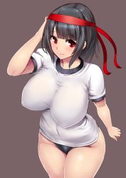 Rule 34 | 10s, 1girl, black hair, breasts, brown background, buruma, covered navel, gym uniform, headband, huge breasts, impossible clothes, impossible shirt, ishimiso (ishimura), kantai collection, leaning forward, looking at viewer, red eyes, shirt, short hair, simple background, smile, solo, takao (kancolle), thighs, wide hips