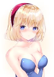 Rule 34 | 1girl, alice margatroid, bad id, bad pixiv id, bare shoulders, blonde hair, blue eyes, blue leotard, blush, breasts, cleavage, closed mouth, collarbone, hair between eyes, hairband, highres, leotard, looking at viewer, medium breasts, nanase nao, red hairband, short hair, smile, solo, strapless, strapless leotard, touhou, upper body