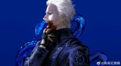 Rule 34 | 1boy, animal, animal around neck, blood, blood from mouth, blood on face, blue coat, blue eyes, coat, demon, demon boy, devil may cry (series), devil may cry 5, fang, fangs, fingerless gloves, gloves, hair slicked back, highres, holding, male focus, open mouth, pale skin, simple background, snake, solo, vergil (devil may cry), white hair, yun nian162