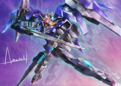 Rule 34 | 00 raiser, afterimage, amasaki yusuke, commentary, dual wielding, flying, gn drive, gundam, gundam 00, holding, mecha, mechanical wings, no humans, robot, signature, solo, sword, weapon, wings