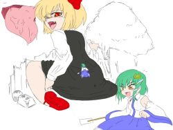 Rule 34 | 2girls, ass, blonde hair, breasts, camel (dansen), green hair, kochiya sanae, multiple girls, open mouth, rumia, saliva, size difference, smile, tongue, tongue out, touhou