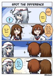 Rule 34 | 3girls, ?, arrow (symbol), blouse, blue eyes, brown eyes, brown hair, comic, english text, fang, hair between eyes, hair down, hammer and sickle, hat, hibiki (kancolle), highres, ikazuchi (kancolle), inazuma (kancolle), kantai collection, long hair, looking at another, multiple girls, neckerchief, no nose, open mouth, peaked cap, raythalosm, red neckerchief, school uniform, serafuku, shirt, sickle, sideways hat, silver hair, sparkle, spoken question mark, star (symbol), sweat, v-shaped eyebrows, verniy (kancolle), white hat, white shirt, yellow eyes