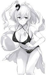 Rule 34 | 1girl, absurdres, armband, ball, beachball, bikini, breasts, cleavage, commentary request, cowboy shot, frilled bikini, frills, greyscale, hair between eyes, hair ornament, highres, kantai collection, large breasts, leaning forward, long hair, looking at viewer, make maketan, monochrome, monochrome, parted lips, ponytail, saratoga (kancolle), side ponytail, sidelocks, simple background, smile, smokestack, smokestack hair ornament, solo, swimsuit