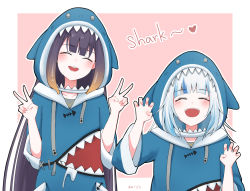 Rule 34 | 2girls, :d, ^ ^, animal costume, animal hood, artist name, blue hoodie, chain&#039;s, claw pose, closed eyes, commentary, cosplay, double v, drawstring, english commentary, english text, facing viewer, fish bone, fish skeleton, gawr gura, gawr gura (1st costume), gawr gura (cosplay), hands up, highres, hololive, hololive english, hood, hood up, hoodie, long hair, long sleeves, multicolored hair, multiple girls, ninomae ina&#039;nis, no mole, open mouth, purple hair, shark, shark costume, shark girl, shark hood, shark print, sharp teeth, signature, smile, streaked hair, teeth, tentacle hair, v, very long hair, virtual youtuber, white hair