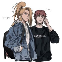 2boys backpack bag black_bag black_sweater blonde_hair blue_eyes blue_jacket cellphone deidara_(naruto) dong2taku hands_in_pockets highres jacket long_hair male_focus multiple_boys naruto_(series) naruto_shippuuden phone red_hair sasori_(naruto) shirt simple_background sweater talking_on_phone upper_body white_background white_shirt