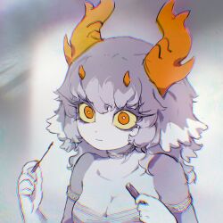 Rule 34 | 1girl, antlers, armlet, bright pupils, chest sarashi, closed mouth, colored eyelashes, colored sclera, colored skin, colored tips, commentary, cyany, english commentary, grey background, grey hair, grey skin, hands up, highres, holding, horns, imuthar (cyany), long hair, looking at viewer, mascara wand, monster girl, multicolored hair, multiple horns, orange eyes, orange horns, original, sarashi, solo, thick eyelashes, upper body, yellow pupils, yellow sclera