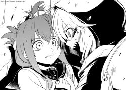 Rule 34 | 10s, 2girls, abyssal ship, backpack, bad id, bad pixiv id, bag, eye contact, grabbing another&#039;s hair, greyscale, hand on own chest, hood, inazuma (kancolle), kantai collection, katari (ropiropi), looking at another, monochrome, multiple girls, re-class battleship, scared, sharp teeth, teeth