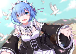 Rule 34 | 10s, 1girl, bird, blue eyes, blue hair, blue sky, blurry, blush, breasts, cleavage, day, depth of field, detached sleeves, dove, dutch angle, eyebrows, hair ornament, highres, looking at viewer, maid, maid headdress, matching hair/eyes, miaozi-san, motion blur, open mouth, outdoors, outstretched arms, petals, pink ribbon, re:zero kara hajimeru isekai seikatsu, rem (re:zero), ribbon, short hair, sky, small breasts, solo, tears, teeth, x hair ornament