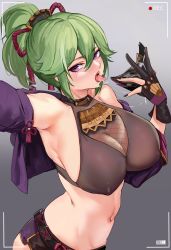 Rule 34 | 1girl, absurdres, arm up, armpits, bare shoulders, black gloves, blush, breasts, cleavage, covered erect nipples, drooling, genshin impact, gloves, green hair, grey background, hair ornament, highres, jacket, kuki shinobu, large breasts, looking at viewer, loooyd, mask, navel, open clothes, open jacket, oral invitation, ponytail, purple eyes, purple jacket, saliva, saliva trail, selfie, sideboob, simple background, solo, tongue, tongue out, viewfinder