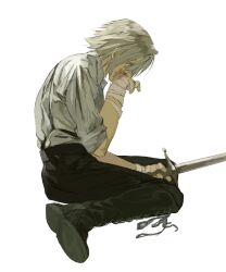 Rule 34 | 1boy, aged down, bandaged hand, bandaged wrist, bandages, black footwear, black pants, blood, blood on cheek, blood on face, blood on hands, bloody bandages, boots, child, collared shirt, final fantasy, final fantasy vii, final fantasy vii ever crisis, from side, full body, grey hair, head down, highres, holding, holding sword, holding weapon, knee boots, laces, looking up, male focus, pants, sephiroth, shirt, short hair, simple background, sitting, sleeves rolled up, solo, suspenders, sword, wariza, weapon, white background, white shirt, xscr1205