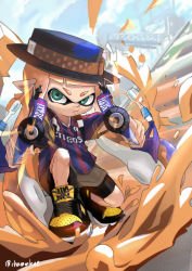 Rule 34 | absurdres, bike shorts, black headwear, black shorts, blue shirt, blue sky, blunt bangs, boater hat, brown skirt, chamu (chammkue), closed mouth, cloud, cloudy sky, commentary, cross-laced footwear, dapple dualies (splatoon), day, dutch angle, firing, firing at viewer, frown, green eyes, hat, hat ribbon, highres, holding, holding weapon, inkling, inkling (language), inkling girl, inkling player character, logo, long hair, looking at viewer, mask, miniskirt, multicolored stripes, nintendo, on one knee, orange hair, outdoors, paint splatter, pointy ears, red shirt, ribbon, shirt, shoes, short sleeves, shorts, skirt, sky, striped clothes, striped shirt, tentacle hair, twitter username, v-shaped eyebrows, vertical-striped clothes, vertical-striped shirt, weapon, yellow footwear