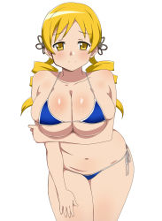 Rule 34 | 1girl, belly, bikini, blonde hair, blue bikini, breasts, brown eyes, cleavage, curvy, drill hair, highres, kagemusha, large breasts, light smile, long hair, looking at viewer, mahou shoujo madoka magica, mahou shoujo madoka magica (anime), navel, simple background, skindentation, smile, solo, swimsuit, thick thighs, thighs, tomoe mami, twin drills, white background