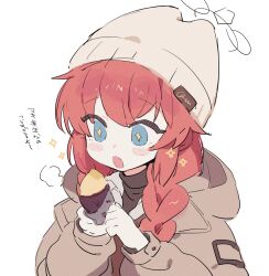 Rule 34 | 1girl, blue archive, blue eyes, blush stickers, braid, brown jacket, food, halo, hat, highres, holding, holding food, hood, hood down, hooded jacket, jacket, long hair, long sleeves, maki (blue archive), maki (camp) (blue archive), official alternate costume, open mouth, red hair, simple background, solo, sweet potato, twin braids, upper body, white background, white hat, ymm007xx