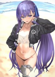 Rule 34 | 1girl, absurdres, bandeau, beach, black jacket, black panties, blue eyes, blue ribbon, blush, breasts, collarbone, cropped jacket, fate/extra, fate/extra ccc, fate/grand order, fate (series), hair ribbon, highres, jacket, kesoshirou, long hair, long sleeves, looking at viewer, meltryllis (fate), navel, open clothes, open jacket, open mouth, panties, prosthesis, prosthetic leg, purple hair, ribbon, shore, small breasts, solo, thighs, underwear, very long hair