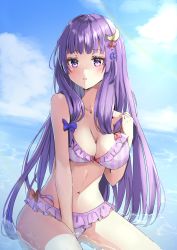 Rule 34 | 1girl, bare arms, bare legs, bare shoulders, bikini, blue bow, blush, bow, breasts, cleavage, cloud, cloudy sky, collarbone, cowboy shot, crescent, crescent hair ornament, day, hair bow, hair ornament, highres, large breasts, long hair, navel, open mouth, outdoors, patchouli knowledge, purple bikini, purple eyes, purple hair, red bow, shironeko yuuki, sky, solo, swimsuit, touhou, water