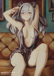 Rule 34 | 1girl, animal ears, arknights, armpits, arms behind head, arms up, artist name, bare legs, bear ears, black hair, blush, breasts, cleavage, closed mouth, collarbone, couch, dress, evening gown, feater (arknights), feet out of frame, highres, indoors, large breasts, looking at viewer, multicolored hair, nashidrop, on couch, orange eyes, painting (object), plunging neckline, revealing clothes, silver hair, sitting, sleeveless, sleeveless dress, solo, thick eyebrows, two-tone hair, watermark, web address