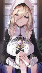Rule 34 | 1girl, 1other, absurdres, aponia (honkai impact), black sleeves, blonde hair, blue eyes, breasts, cleavage, closed mouth, commentary request, cowboy shot, dress, hand grab, head tilt, highres, honkai (series), honkai impact 3rd, huge breasts, indoors, lace collar, layered dress, long hair, looking at viewer, mole, mole under eye, nagonako, nun, pelvic curtain, standing, thighs, white dress, white veil, window