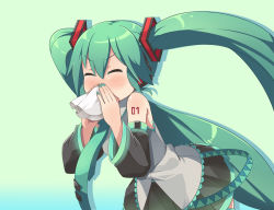 Rule 34 | 1girl, blowing nose, detached sleeves, closed eyes, green hair, hatsune miku, headphones, long hair, masuneko, nail polish, necktie, solo, thighhighs, twintails, very long hair, vocaloid