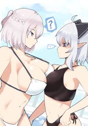 Rule 34 | 2girls, absurdres, artist request, asymmetrical docking, bikini, breast envy, breast press, breasts, character request, grey hair, highres, large breasts, multiple girls, purple eyes, short hair, swimsuit, white hair, wide hips