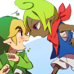 Rule 34 | 1boy, 1girl, ^^^, annoyed, bandaged arm, bandages, black eyes, blonde hair, dark skin, eye contact, face-to-face, half-closed eyes, hands on own hips, link, looking at another, looking down, neckerchief, nervous, nervous smile, nintendo, open mouth, pointy ears, purple eyes, red neckerchief, sarashi, shorts, sleeveless, sleeveless jacket, smile, surprised, sweatdrop, tetra, the legend of zelda, the legend of zelda: the wind waker, thick eyebrows, tomboy, toon link, ukata, updo, v-shaped eyebrows, wide-eyed