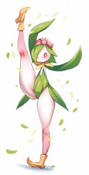 Rule 34 | 1girl, arms up, blush, breath, colored sclera, colored skin, creatures (company), falling leaves, female focus, flat chest, flower, game freak, green hair, green leotard, hair flower, hair ornament, hair over one eye, highres, hisuian lilligant, kenron toqueen, kneepits, leaf, leg up, leotard, looking at viewer, monster girl, nintendo, one eye covered, open mouth, pink flower, plant girl, pointy footwear, pokemon, pokemon (creature), red sclera, shiny clothes, shoes, short hair, simple background, solo, split, standing, standing on one leg, standing split, strapless, strapless leotard, sweat, thick thighs, thighs, white background, white eyes, white skin, yellow footwear