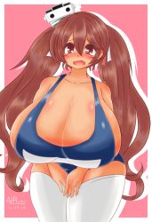 Rule 34 | 10s, 1girl, alternate breast size, ayazumi flutter, blue one-piece swimsuit, blush, breasts, brown eyes, brown hair, collarbone, female focus, gigantic breasts, kantai collection, libeccio (kancolle), long hair, long twintails, looking at viewer, one-piece swimsuit, plump, school swimsuit, sideboob, simple background, solo, standing, swimsuit, thighhighs, twintails, very long hair, white thighhighs