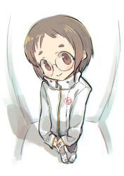 Rule 34 | 1girl, blush, brown eyes, brown hair, closed mouth, commentary, glasses, jacket, kantai collection, leggings, long sleeves, looking at viewer, maru-yu (kancolle), own hands together, round eyewear, semi-rimless eyewear, shoes, short hair, simple background, smile, solo, white jacket, yasushi