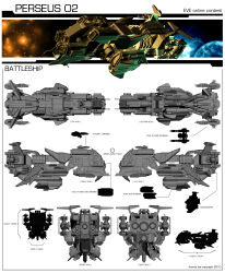 Rule 34 | 3d, absurdres, battleship (eve online), blueprint (medium), cannon, character sheet, commentary, concept art, copyright name, dated, energy cannon, english text, eve online, frank3082, from side, highres, machinery, military vehicle, no humans, original, planet, science fiction, sky, space, spacecraft, spaceship, star (sky), starry sky, thrusters, turret, vehicle focus