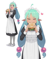 Rule 34 | &gt; &lt;, 1girl, :o, ahoge, apron, aqua hair, beads, blush stickers, eating, fang, fangs, food, grey legwear, hair beads, hair ornament, heart, highres, holding, holding food, juliet sleeves, long hair, long sleeves, maid, maid headdress, multiple views, open mouth, original, pointy ears, puffy sleeves, saiste, sandwich, shoes, simple background, skin fang, skin fangs, white background, white footwear