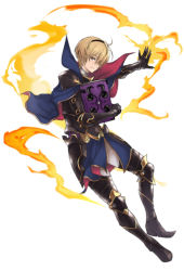 Rule 34 | 1boy, armor, armored boots, blonde hair, book, boots, cape, fire, fire emblem, fire emblem fates, full body, gloves, hair over one eye, leo (fire emblem), male focus, mesubuta (nilene), nintendo, purple eyes, simple background, solo, white background