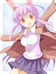 Rule 34 | 1girl, animal ears, bad id, bad pixiv id, bakushuu, breasts, rabbit ears, dress shirt, female focus, heart, heart-shaped pupils, impossible clothes, impossible shirt, long hair, looking at viewer, outstretched arms, pink hair, pleated skirt, purple hair, red eyes, reisen udongein inaba, shirt, skirt, solo, spread arms, symbol-shaped pupils, touhou