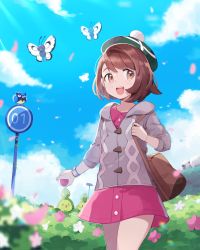 Rule 34 | 1girl, :d, backpack, bag, blurry, blush, bob cut, brown bag, brown eyes, brown hair, budew, bush, butterfree, buttons, cable knit, cardigan, cloud, collared dress, commentary request, creatures (company), day, dress, game freak, gen 1 pokemon, gen 4 pokemon, gen 8 pokemon, gloria (pokemon), green headwear, grey cardigan, hat, highres, holding, holding poke ball, holding strap, hooded cardigan, nikki (ninciav), nintendo, open mouth, outdoors, petals, pink dress, poke ball, poke ball (basic), pokemon, pokemon (creature), pokemon swsh, rookidee, short hair, sky, smile, tam o&#039; shanter, teeth, tongue, upper teeth only, wooloo