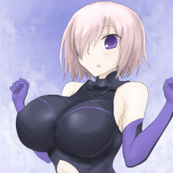 Rule 34 | 1girl, bare shoulders, blush, breasts, clothing cutout, fate (series), gloves, hair over one eye, impossible clothes, large breasts, leotard, looking at viewer, mash kyrielight, navel cutout, open mouth, oro (zetsubou girl), purple eyes, purple gloves, purple hair, short hair, solo, upper body