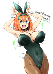 Rule 34 | 1girl, :d, armpits, blue eyes, breasts, cleavage, go-toubun no hanayome, highres, large breasts, nakano yotsuba, open mouth, orange hair, playboy bunny, sanemichi hajime, simple background, smile, solo, standing, white background