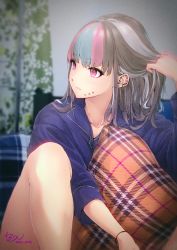 Rule 34 | 1girl, alternate costume, black hair, blue hair, blunt bangs, blurry, blurry background, bracelet, collarbone, commentary request, danganronpa (series), danganronpa 2: goodbye despair, hand in own hair, highres, jewelry, knee up, long hair, long sleeves, looking to the side, mioda 69ch, mioda ibuki, multicolored hair, parted lips, piercing, pillow, pink eyes, pink hair, plaid pillow, signature, sitting, solo, twitter username, upper body