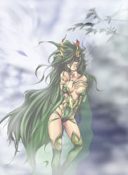 Rule 34 | 1990s (style), 1girl, absurdres, bad id, bad pixiv id, blue eyes, boots, breast hold, breast suppress, breasts, cleavage, detached sleeves, dragon, earrings, final fantasy, final fantasy iv, final fantasy iv: the after years, green footwear, green hair, hair ornament, harapeko1129, highres, jewelry, large breasts, leotard, long hair, mist dragon, aged up, revealing clothes, rydia (ff4), smile, thigh boots, thighhighs, very long hair