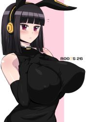Rule 34 | 1girl, animal ears, bare shoulders, beatmania, beatmania iidx, black gloves, black hair, blush, breast suppress, breasts, covered erect nipples, elbow gloves, fake animal ears, female focus, flying sweatdrops, gloves, gradient background, hair ornament, headphones, hime cut, hinazuki ririna, huge breasts, impossible clothes, impossible shirt, komusou (jinrikisha), large breasts, looking at viewer, no bra, perky breasts, pink background, purple eyes, rabbit ears, shiny skin, shirt, simple background, solo, standing, taut clothes, taut shirt, upper body