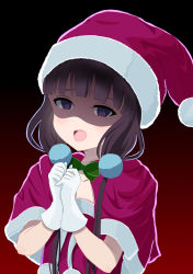 Rule 34 | 1girl, :d, blend s, blunt bangs, blush, bow, bowtie, brown hair, christmas, collarbone, commentary request, derivative work, gloves, green bow, green bowtie, half-closed eyes, hat, long hair, looking at viewer, low twintails, open mouth, own hands together, purple eyes, sakuranomiya maika, santa costume, santa hat, shaded face, short sleeves, smile, solo, teeth, twintails, upper body, upper teeth only, white gloves, yutsuki warabi