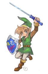 Rule 34 | 1boy, alpaca carlesi, belt, blonde hair, blue eyes, boots, brown belt, brown footwear, brown shirt, full body, green hair, green tunic, hair between eyes, holding, holding shield, holding sword, holding weapon, hylian shield, link, long sleeves, looking at viewer, male focus, medium hair, nintendo, pants, pointy ears, pointy hat, shield, shirt, sidelocks, signature, smile, solo, sword, the legend of zelda, triforce, weapon, white background, white pants, young link