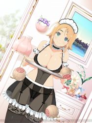 Rule 34 | 1girl, bare shoulders, black panties, black skirt, blush, bomb, breast rest, breasts, breasts on tray, carried breast rest, carrying, chest of drawers, cleavage, collarbone, explosive, flower, flower pot, frills, green eyes, hair between eyes, hair ornament, hairclip, hanabi (senran kagura), headband, highres, indoors, lamp, large breasts, looking at viewer, maid, maid headdress, navel, official art, orange hair, painting (object), panties, plant, potted plant, senran kagura, short hair, skirt, smile, solo, stuffed animal, stuffed rabbit, stuffed toy, thighhighs, underwear, weapon, white flower, window, yaegashi nan