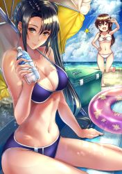 Rule 34 | 2girls, arm support, ashigara (kancolle), bare shoulders, beach, beach mat, beach umbrella, bikini, black hair, blue sky, blush, bottle, breasts, brown eyes, brown hair, cleavage, closed mouth, cloud, collarbone, cooler, day, hair ornament, head tilt, holding, holding bottle, innertube, kantai collection, kazu (otonoki86), large breasts, long hair, looking at viewer, lotion, multiple girls, nachi (kancolle), navel, ocean, open mouth, outdoors, see-through, side ponytail, sidelocks, sitting, sky, smile, standing, standing on one leg, star (symbol), stomach, sunlight, sunscreen, swim ring, swimsuit, thighs, transparent, umbrella, v, wariza, water bottle, white bikini
